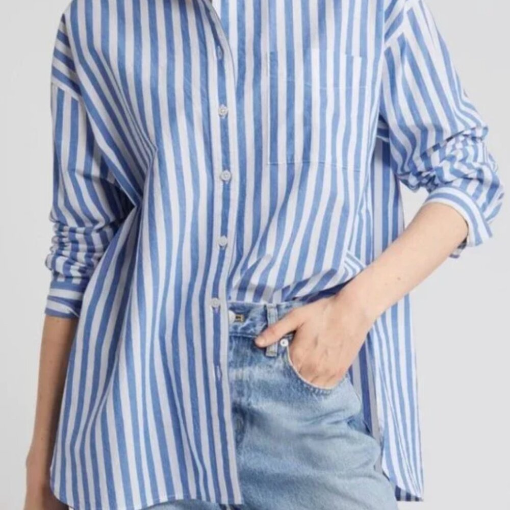 Madewell Hermitage Blue and White Vertical Striped Button Down Top Oversized M